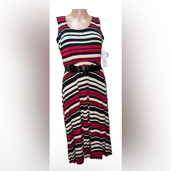 SIGNATURE BELTED STRIPED DRESS SCOOP NECK WOMENS CASUAL SLEEVELESS SIZE PLARGE - Picture 16 of 16